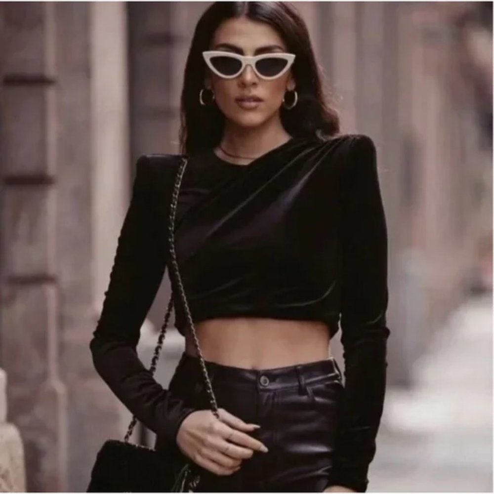 ZARA VELVET SHOULDER PAD TOP CROP TOP XS